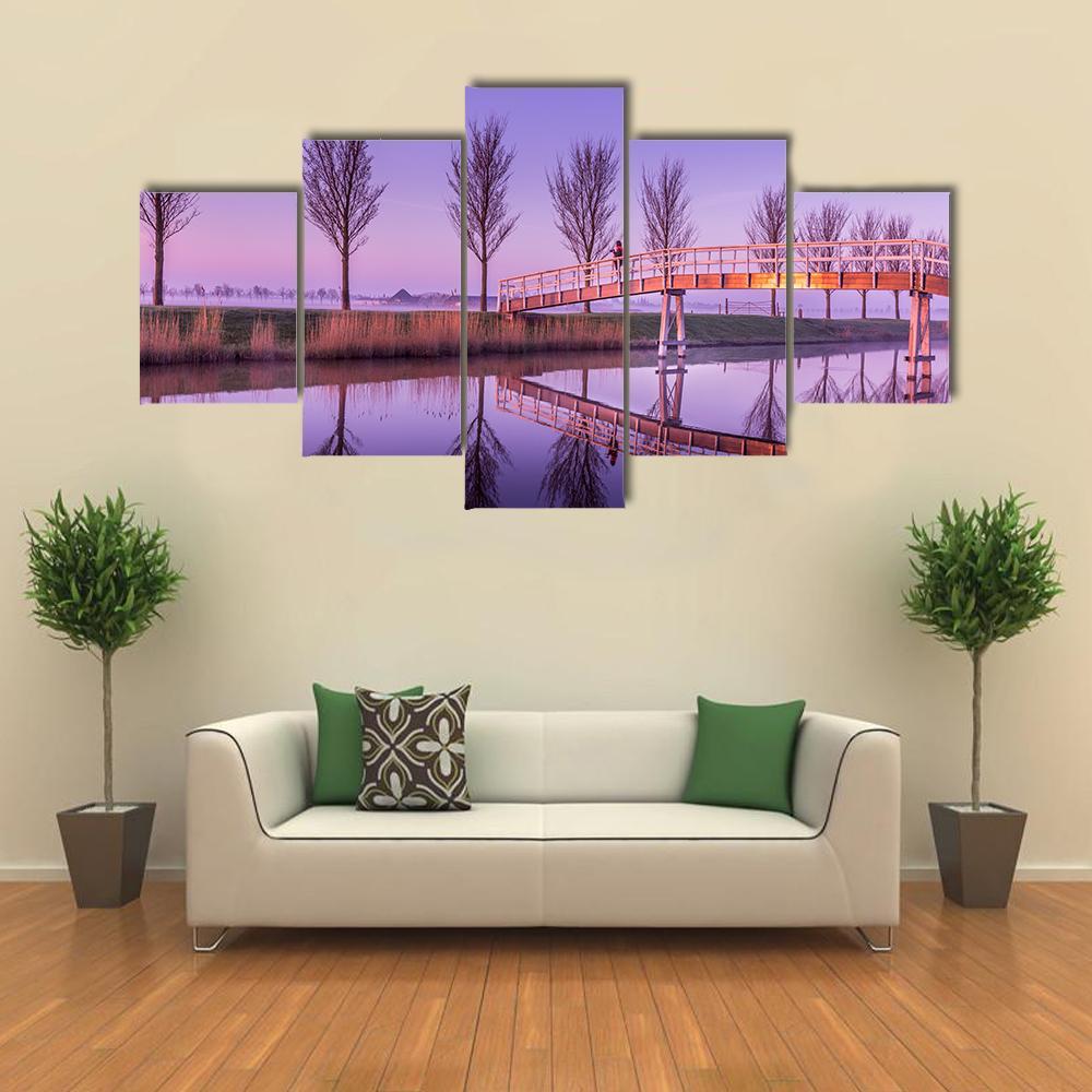 Sunrise On A Canal Bridge In Holland Canvas Wall Art-5 Star-Gallery Wrap-62" x 32"-Tiaracle