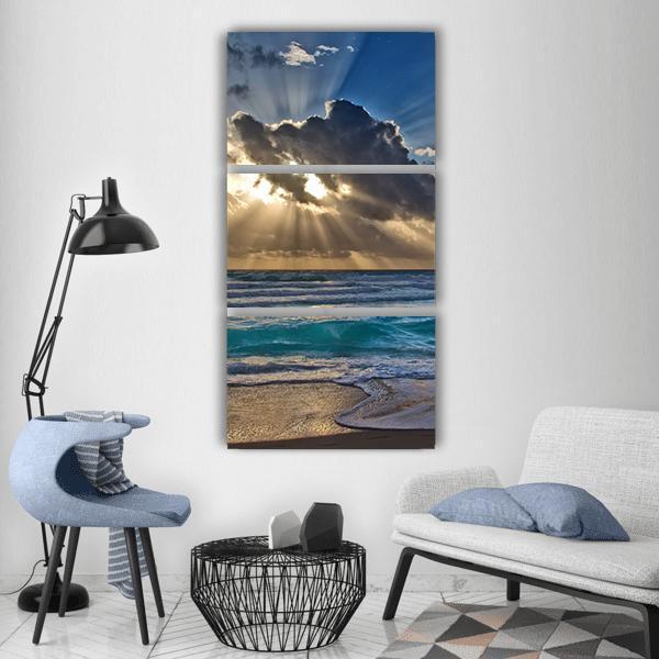 Sunrise On Beach Sea Vertical Canvas Wall Art-3 Vertical-Gallery Wrap-12&quot; x 25&quot;-Tiaracle