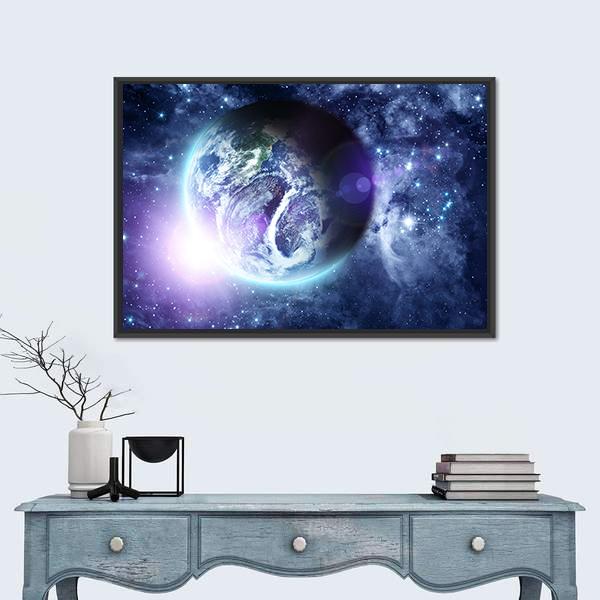 Sunrise On Blue Planet Earth In Deep Space Canvas Wall Art-1 Piece-Floating Frame-24" x 16"-Tiaracle