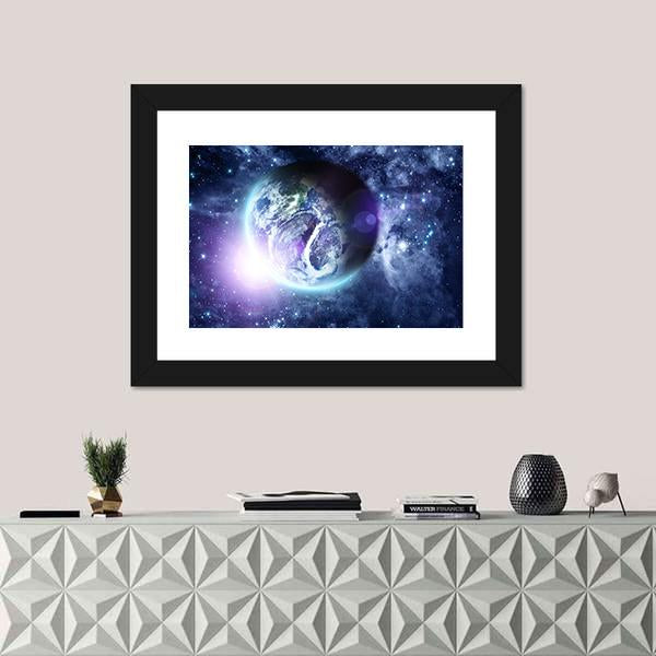Sunrise On Blue Planet Earth In Deep Space Canvas Wall Art-1 Piece-Framed Print-20" x 16"-Tiaracle