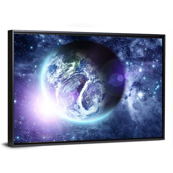 Sunrise On Blue Planet Earth In Deep Space Canvas Wall Art-3 Horizontal-Gallery Wrap-25" x 16"-Tiaracle