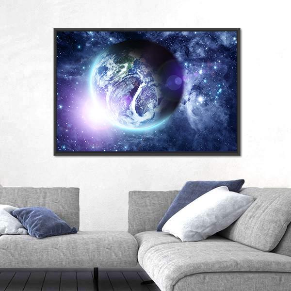 Sunrise On Blue Planet Earth In Deep Space Canvas Wall Art-3 Horizontal-Gallery Wrap-25" x 16"-Tiaracle