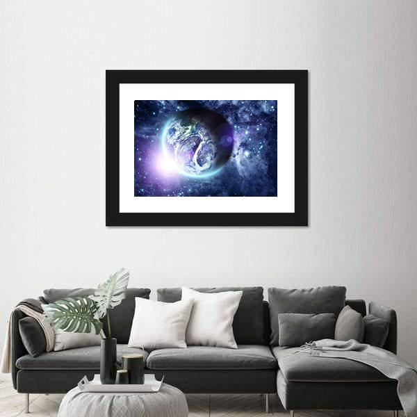 Sunrise On Blue Planet Earth In Deep Space Canvas Wall Art-3 Horizontal-Gallery Wrap-25" x 16"-Tiaracle