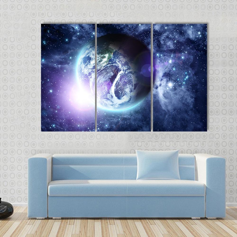 Sunrise On Blue Planet Earth In Deep Space Canvas Wall Art-3 Horizontal-Gallery Wrap-37" x 24"-Tiaracle
