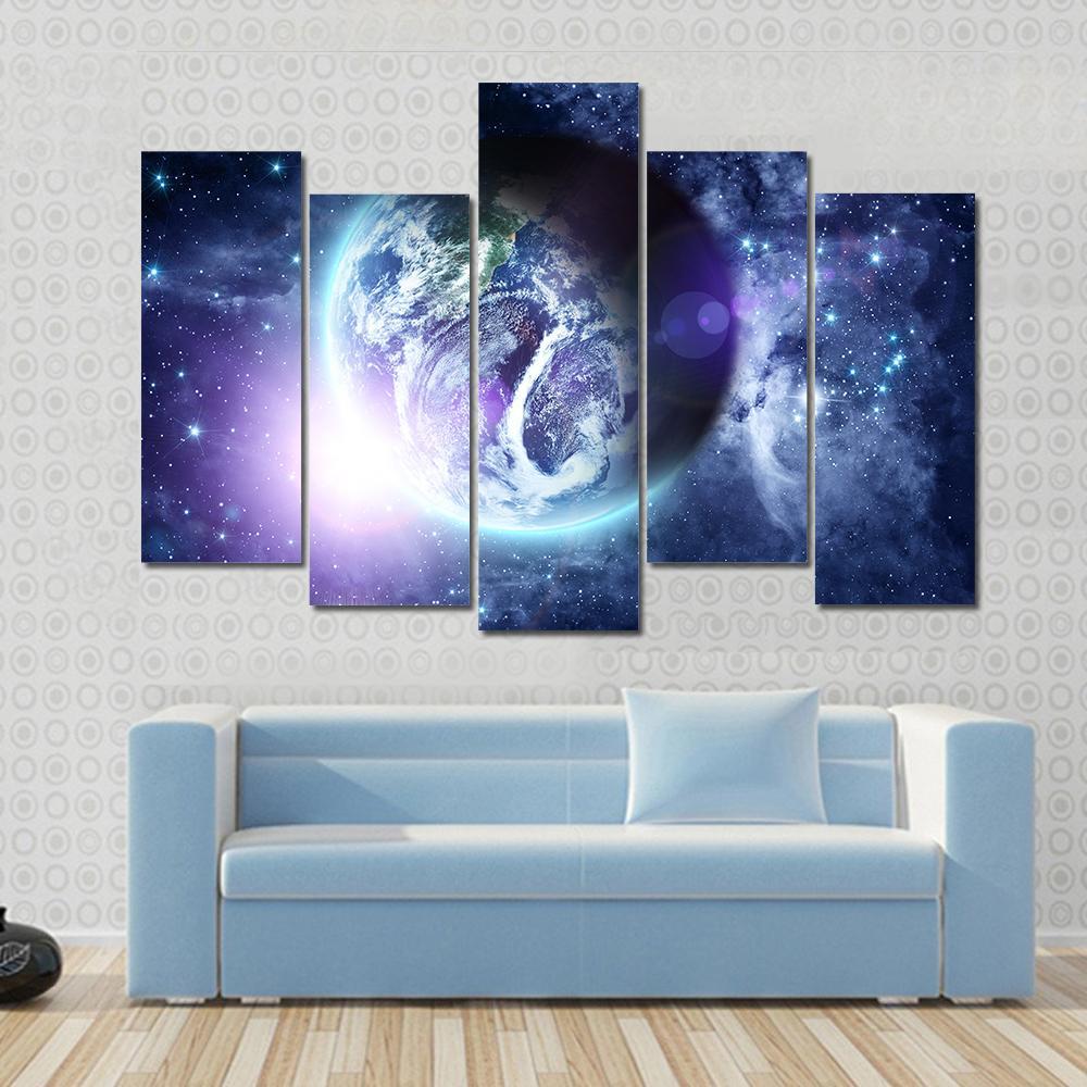 Sunrise On Blue Planet Earth In Deep Space Canvas Wall Art-5 Pop-Gallery Wrap-47" x 32"-Tiaracle