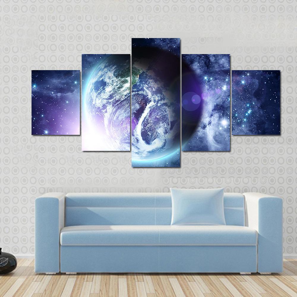 Sunrise On Blue Planet Earth In Deep Space Canvas Wall Art-5 Star-Gallery Wrap-62" x 32"-Tiaracle
