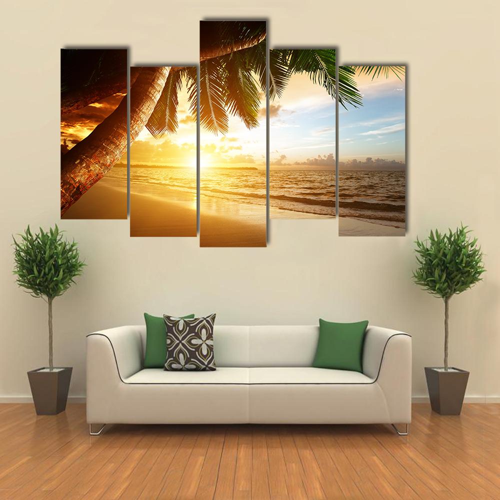 Sunrise On Caribbean Beach Canvas Wall Art-5 Pop-Gallery Wrap-32" x 21"-Tiaracle