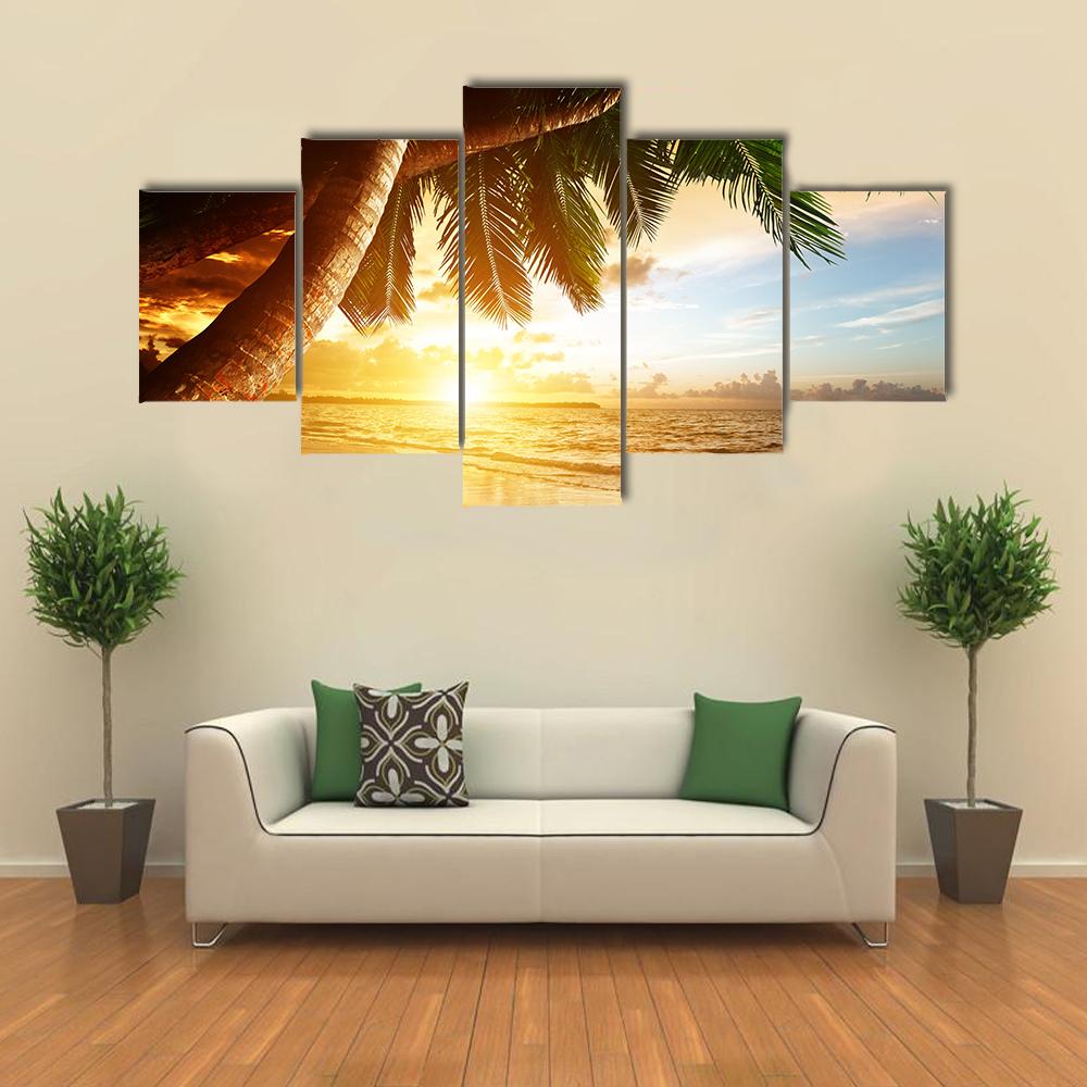 Sunrise On Caribbean Beach Canvas Wall Art-5 Star-Gallery Wrap-42" x 21"-Tiaracle