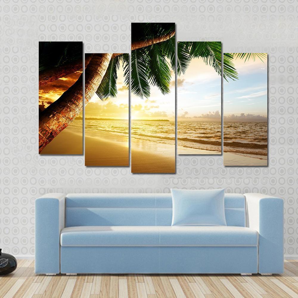 Sunrise On Caribbean Beach Canvas Wall Art-5 Pop-Gallery Wrap-47&quot; x 32&quot;-Tiaracle