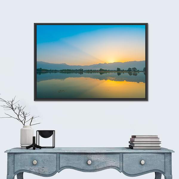 Sunrise On Dal Lake Canvas Wall Art-1 Piece-Floating Frame-24" x 16"-Tiaracle
