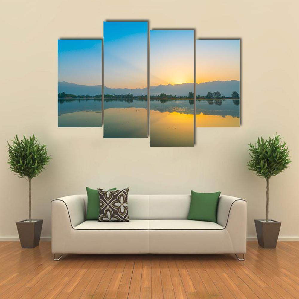 Sunrise On Dal Lake Canvas Wall Art-4 Pop-Gallery Wrap-50" x 32"-Tiaracle