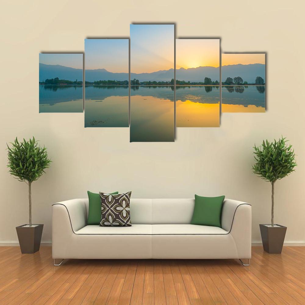 Sunrise On Dal Lake Canvas Wall Art-4 Pop-Gallery Wrap-50" x 32"-Tiaracle
