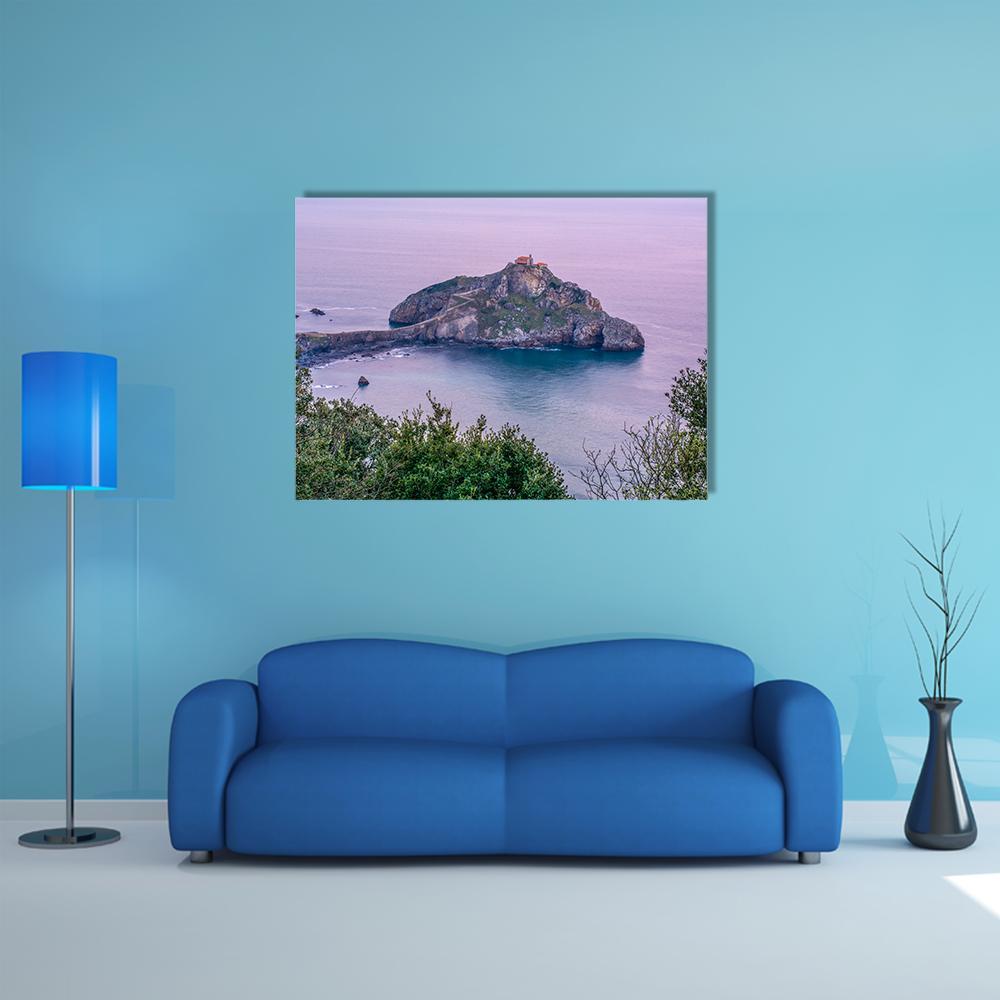 Island Lighthouse at Dusk Canvas Wall Art in blue, purple and pink, single panel hung on a wall