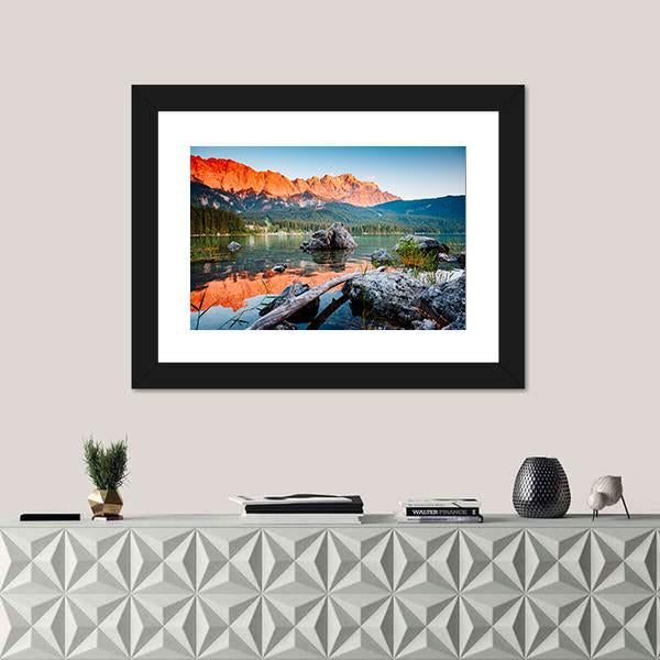 Sunrise On Lake Eibsee Canvas Wall Art-1 Piece-Framed Print-20" x 16"-Tiaracle