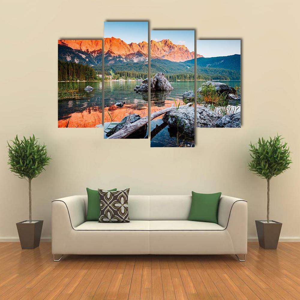 Sunrise On Lake Eibsee Canvas Wall Art-4 Pop-Gallery Wrap-50" x 32"-Tiaracle