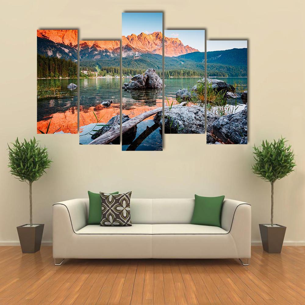Sunrise On Lake Eibsee Canvas Wall Art-5 Pop-Gallery Wrap-47" x 32"-Tiaracle