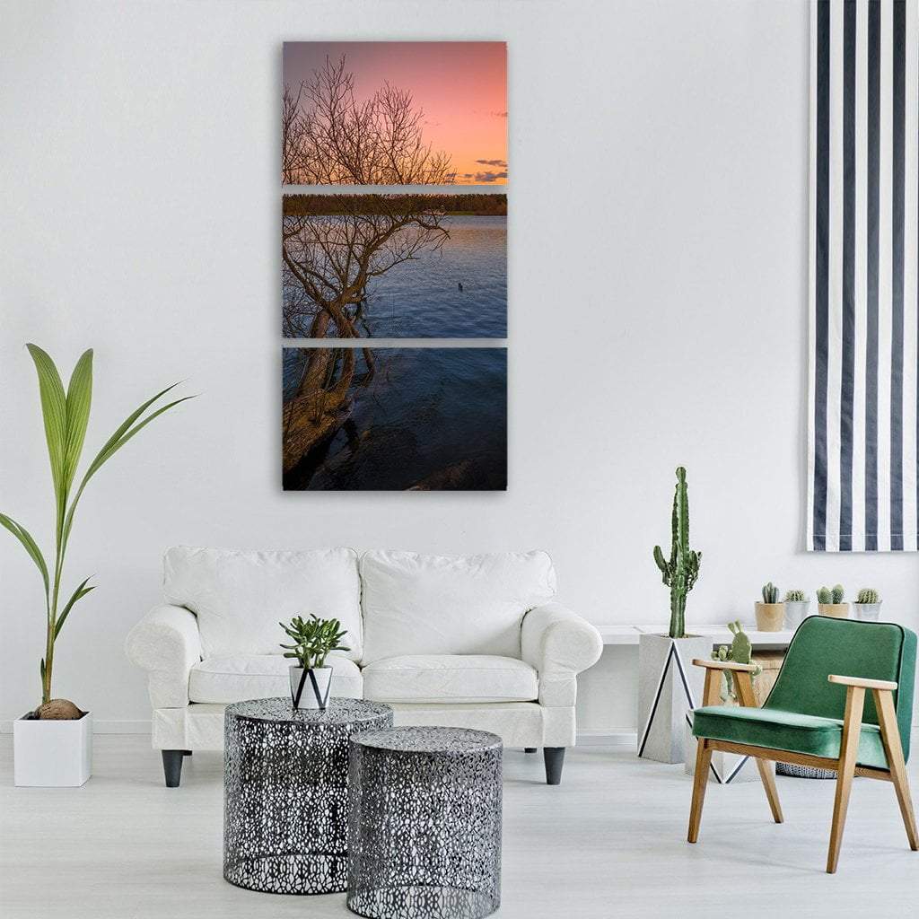 Sunrise On Lake Vertical Canvas Wall Art-3 Vertical-Gallery Wrap-12" x 25"-Tiaracle