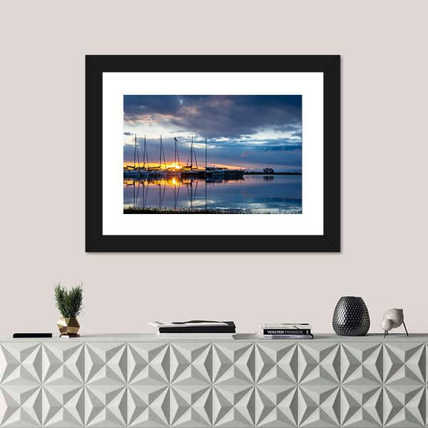 Sunrise On Marina Wilkasy Under Lake Niegocin Canvas Wall Art-1 Piece-Framed Print-20" x 16"-Tiaracle