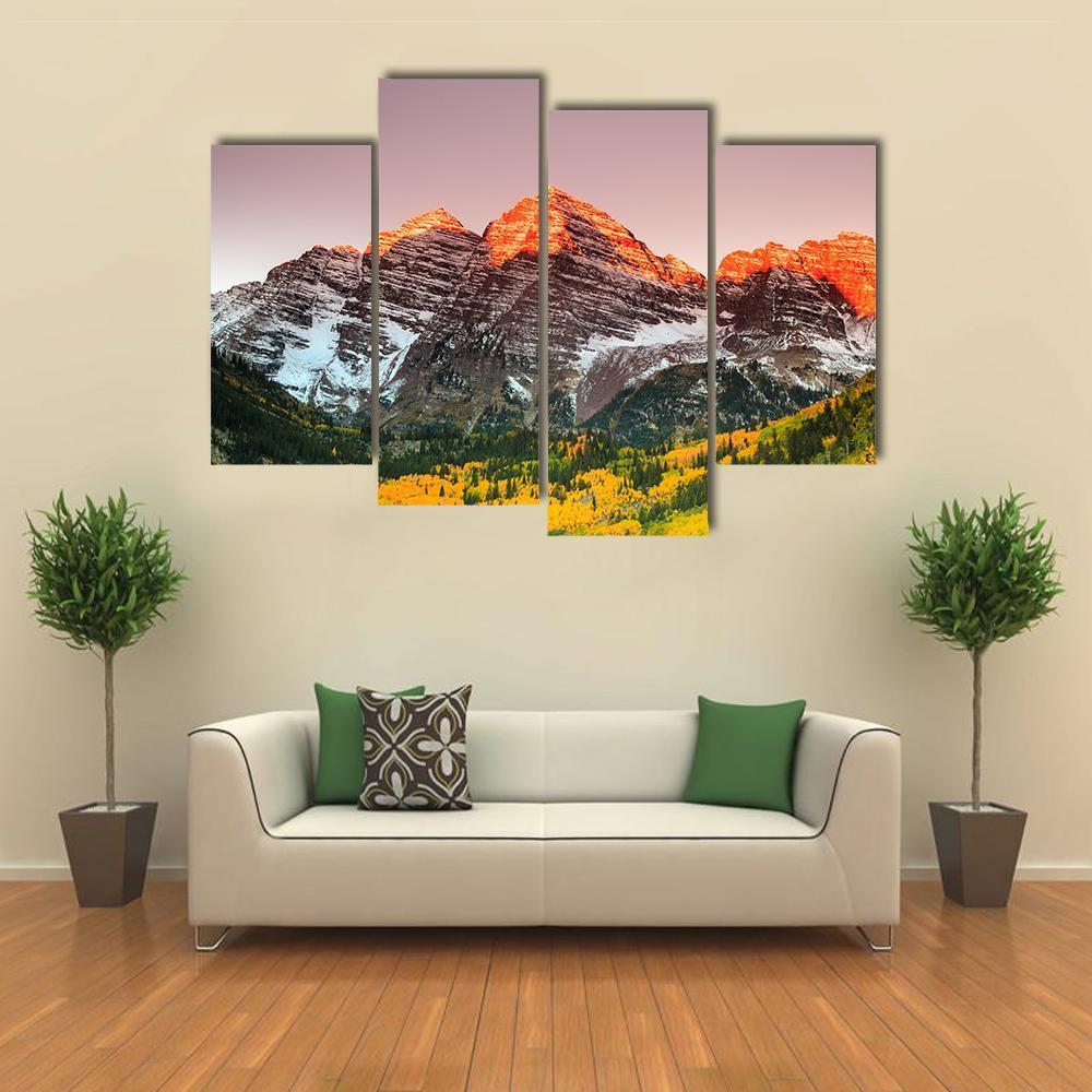 Sunrise On Maroon Bells Canvas Wall Art-4 Pop-Gallery Wrap-50" x 32"-Tiaracle