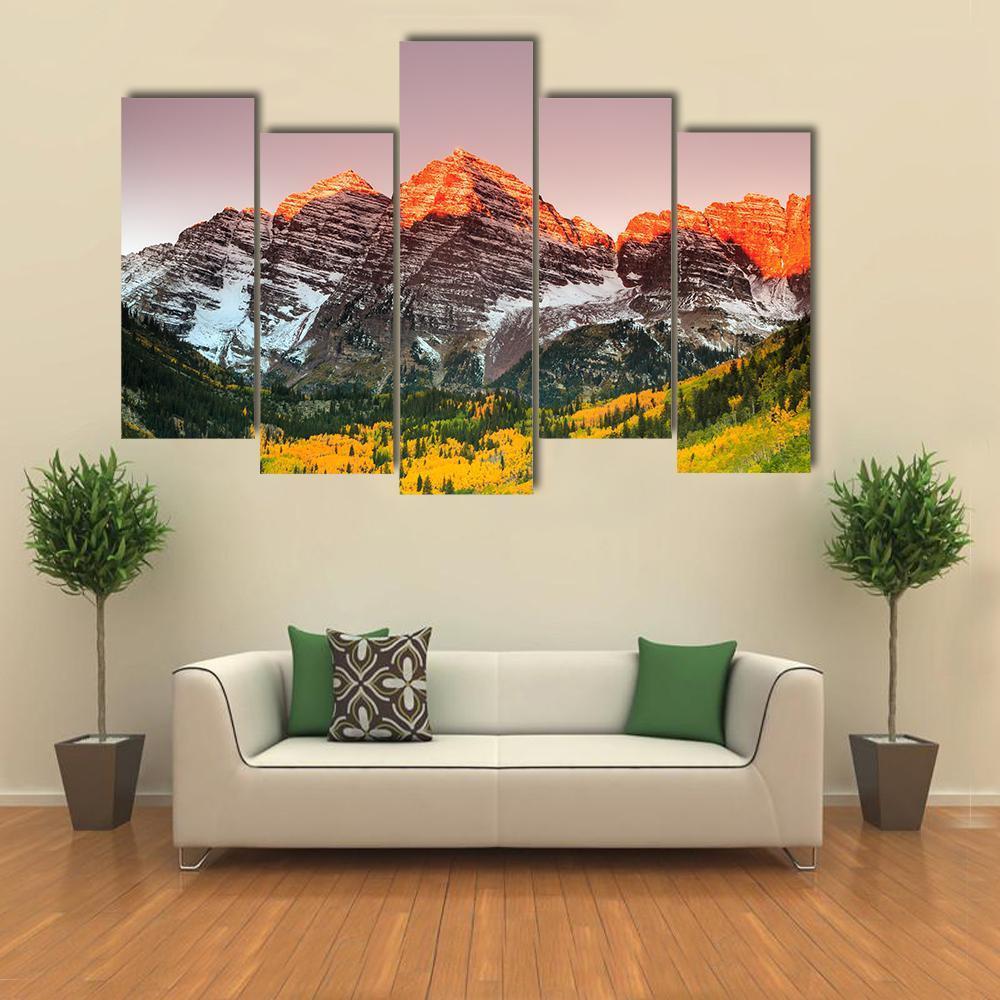Sunrise On Maroon Bells Canvas Wall Art-5 Pop-Gallery Wrap-47" x 32"-Tiaracle
