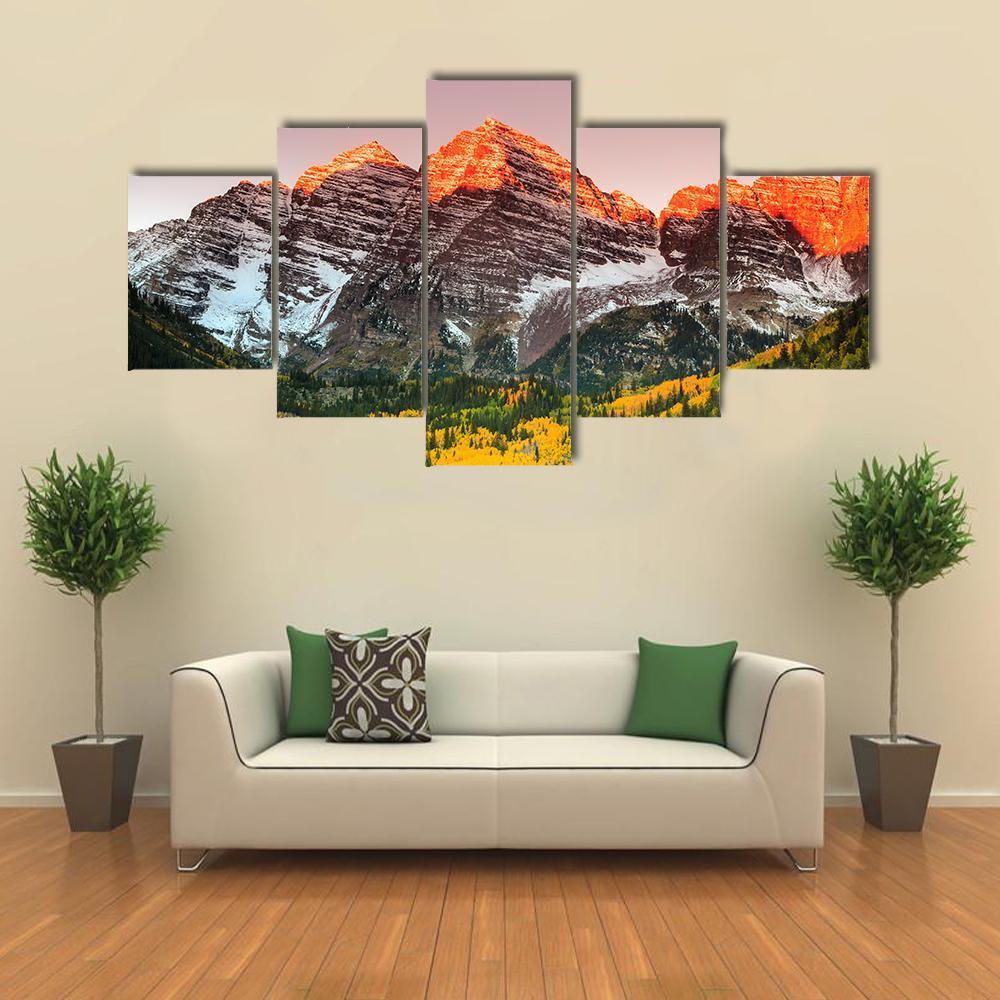 Sunrise On Maroon Bells Canvas Wall Art-5 Star-Gallery Wrap-62" x 32"-Tiaracle