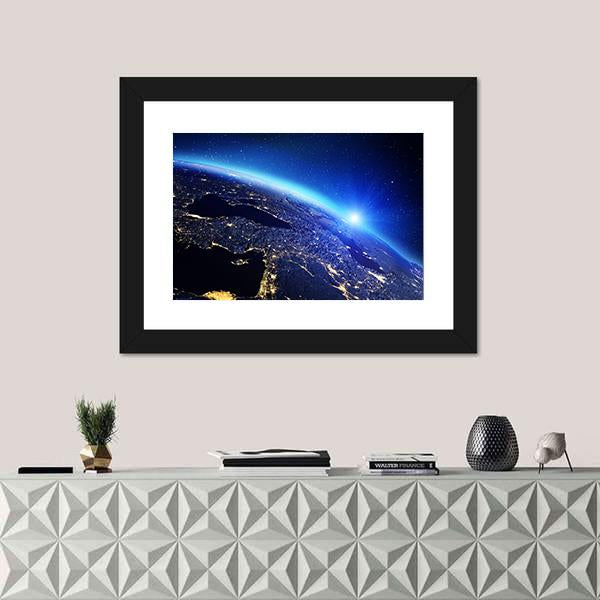 Sunrise On Planet Earth Canvas Wall Art-1 Piece-Framed Print-20" x 16"-Tiaracle