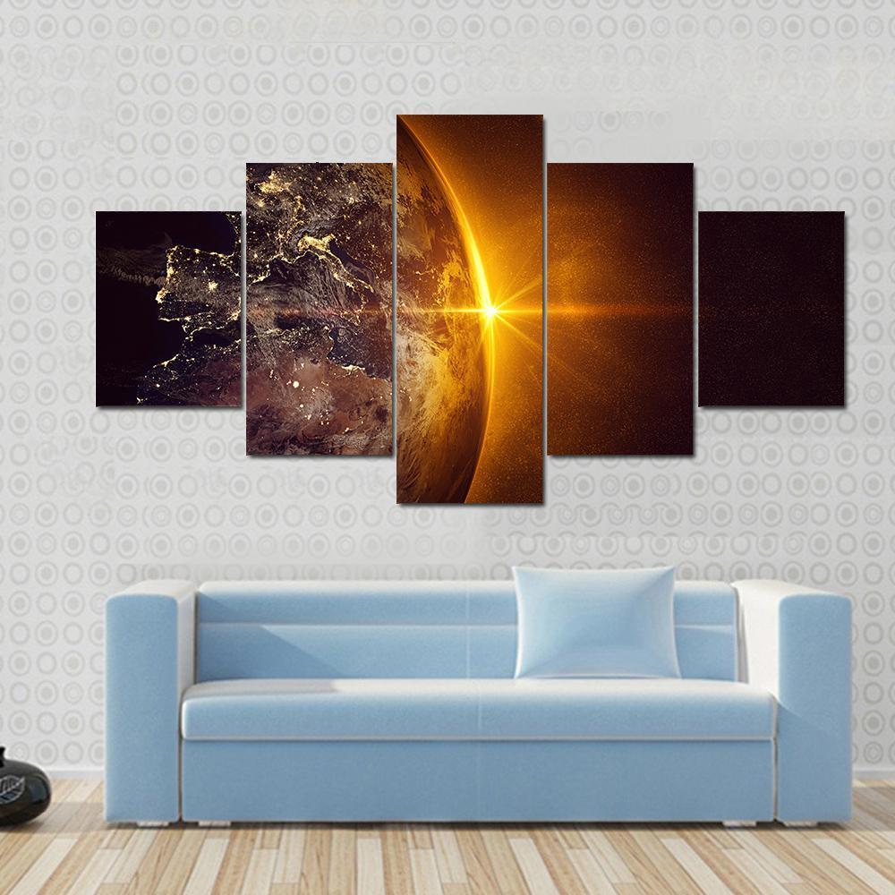 Sunrise On Planet Earth Canvas Wall Art-5 Star-Gallery Wrap-62" x 32"-Tiaracle