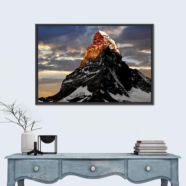 Sunrise on the Matterhorn Canvas Wall Art in black, orange and blue, framed canvas, product view on a white background