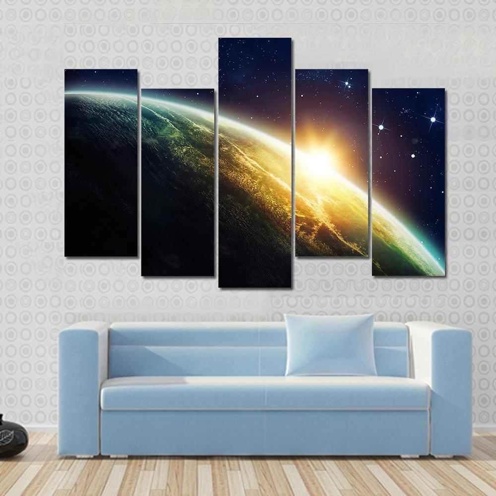 Sunrise On The Planet From Space Canvas Wall Art-5 Pop-Gallery Wrap-47" x 32"-Tiaracle