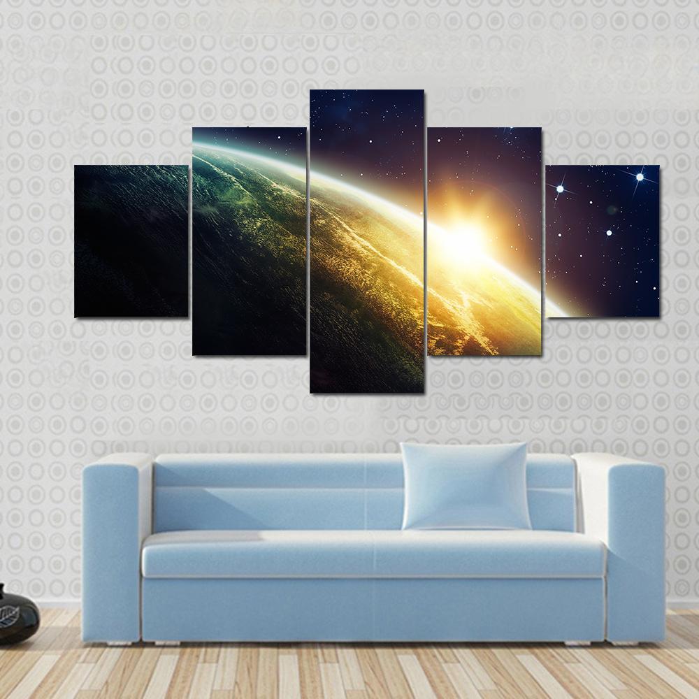 Sunrise On The Planet From Space Canvas Wall Art-5 Star-Gallery Wrap-62" x 32"-Tiaracle