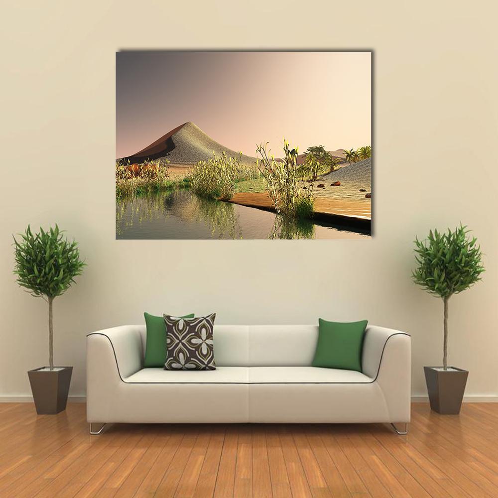 Sahara Sunrise Over Desert Oasis Canvas Wall Art in beige, brown and gold, single panel hung on a wall