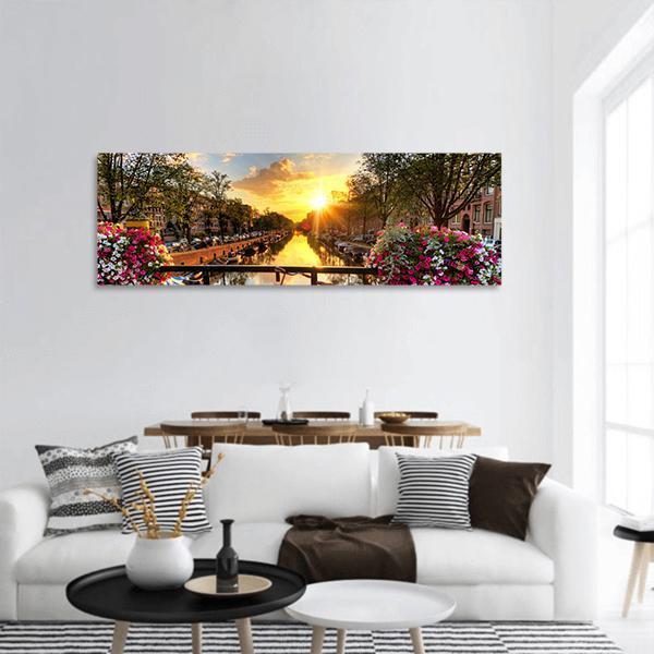 Flowers & Bicycles On Bridge Panoramic Canvas Wall Art-3 Piece-25" x 08"-Tiaracle