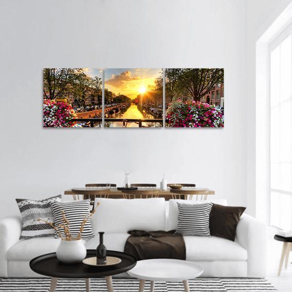 Flowers &amp; Bicycles On Bridge Panoramic Canvas Wall Art-3 Piece-25" x 08"-Tiaracle