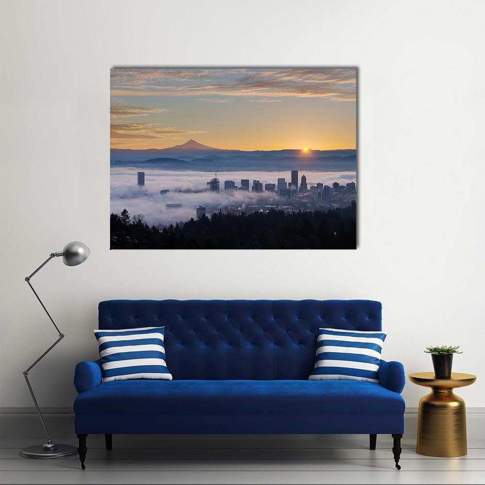 Sunrise Over Portland Skyline with Mount Hood Canvas Wall Art in gray, orange and blue, single panel hung on a wall