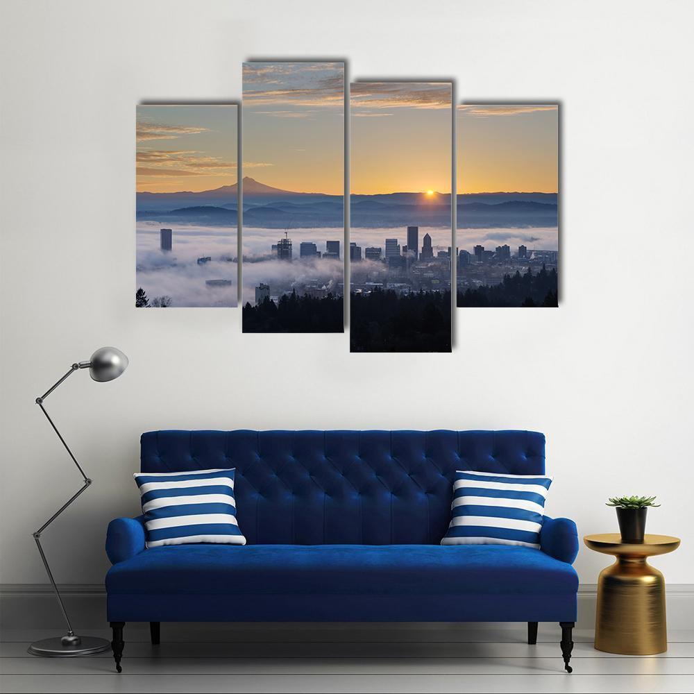 Sunrise Over City Of Portland Oregon Canvas Wall Art-4 Pop-Gallery Wrap-50" x 32"-Tiaracle