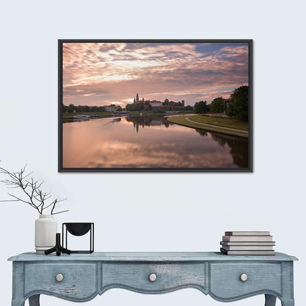 Sunrise Over City View From River Canvas Wall Art-1 Piece-Floating Frame-24" x 16"-Tiaracle