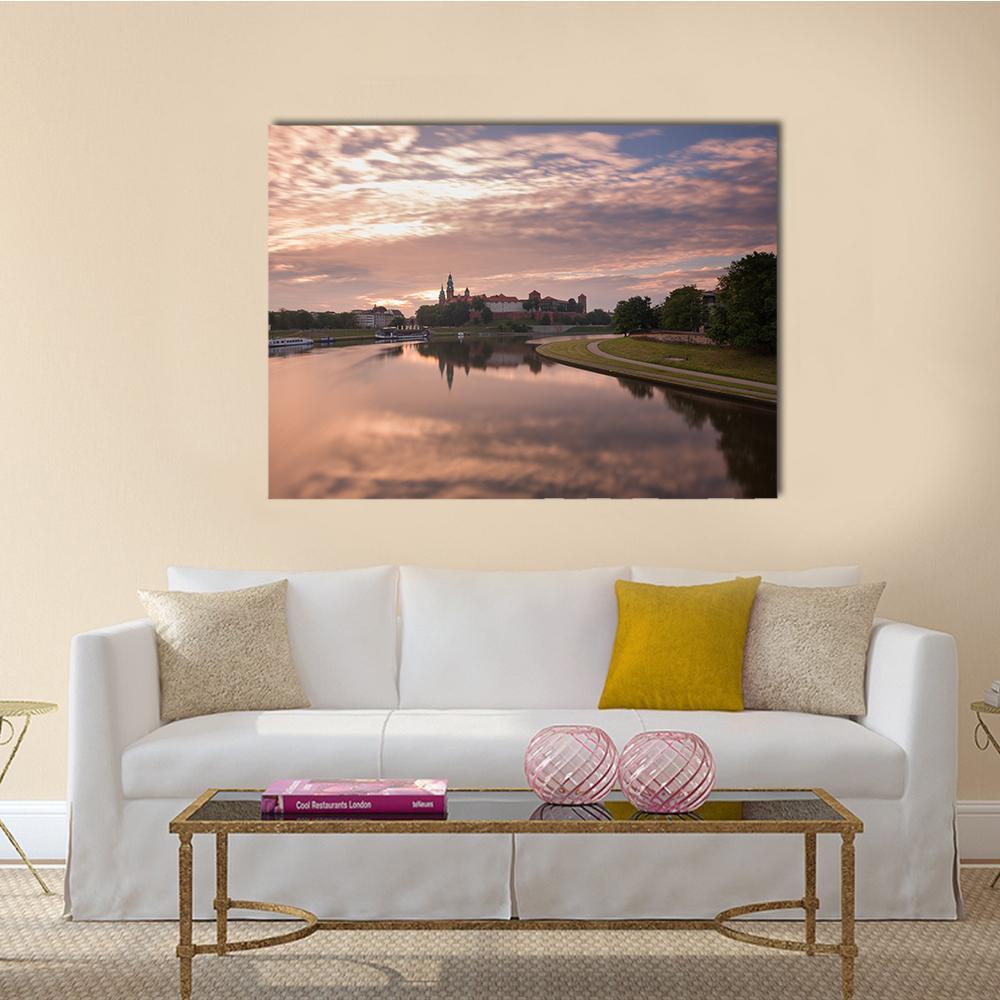 Sunrise Over City View From River Canvas Wall Art-5 Star-Gallery Wrap-62" x 32"-Tiaracle