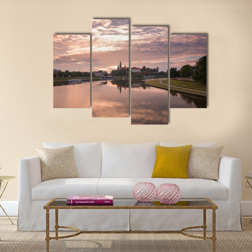 Sunrise Over City View From River Canvas Wall Art-4 Pop-Gallery Wrap-50" x 32"-Tiaracle