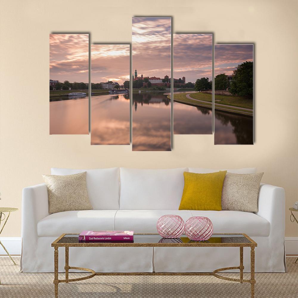Sunrise Over City View From River Canvas Wall Art-5 Pop-Gallery Wrap-47" x 32"-Tiaracle