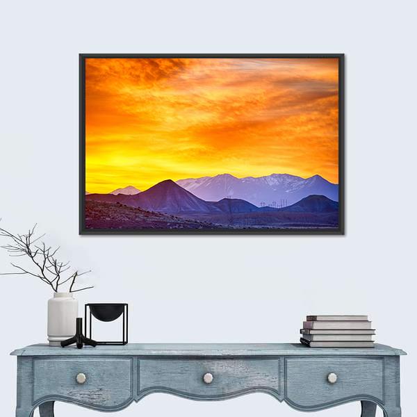 Sunrise Over Rocky Mountains Canvas Wall Art in orange, yellow and purple, framed canvas, product view on a white background