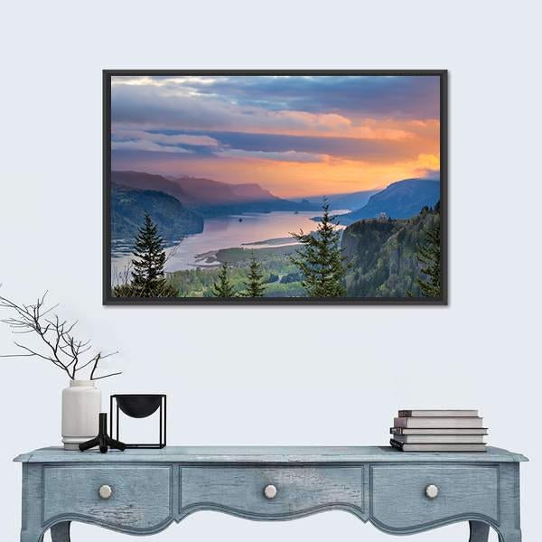 Sunrise Over Columbia River Canvas Wall Art-1 Piece-Floating Frame-24" x 16"-Tiaracle