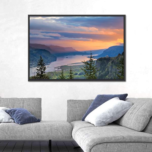 Sunrise Over Columbia River Canvas Wall Art-3 Horizontal-Gallery Wrap-25" x 16"-Tiaracle