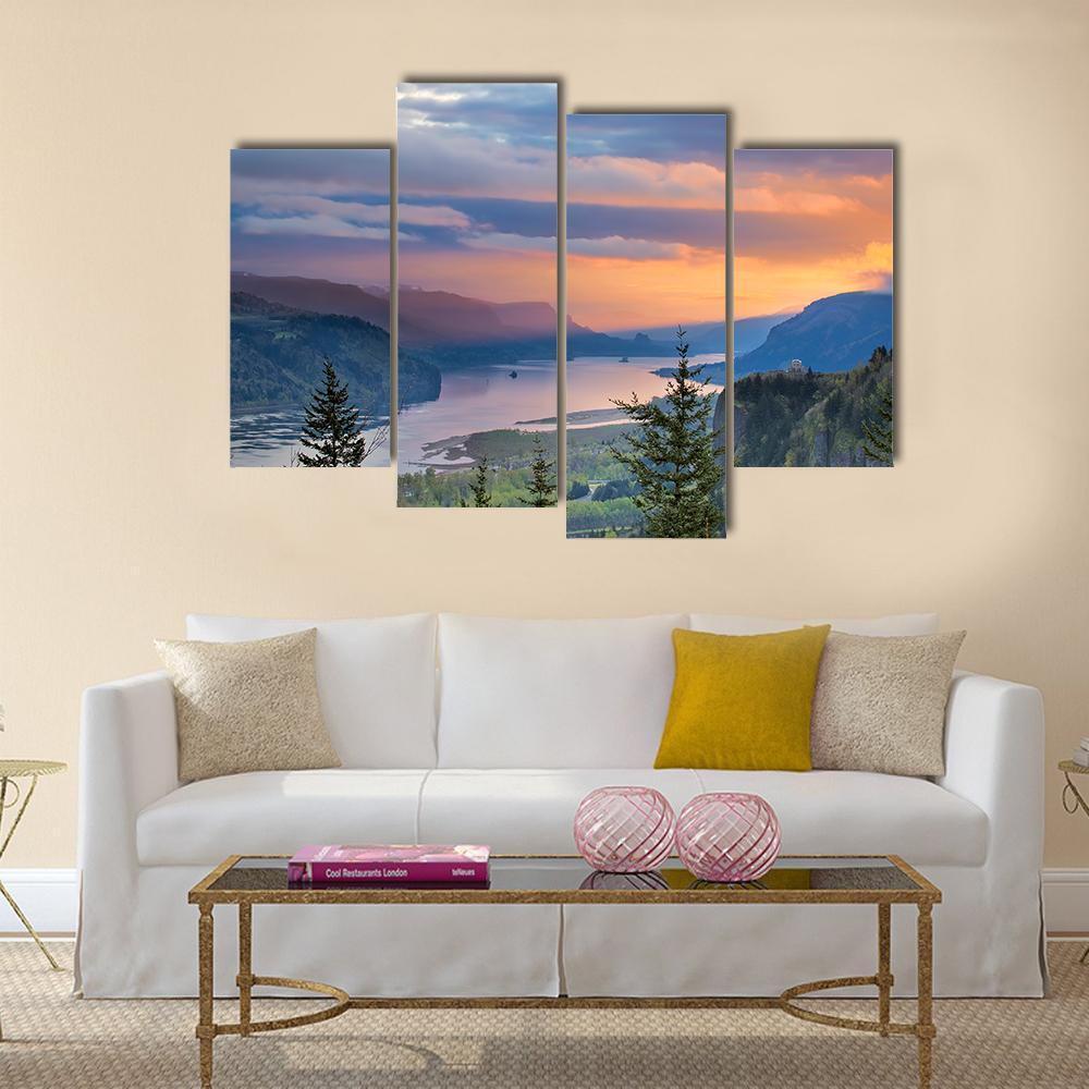 Sunrise Over Columbia River Canvas Wall Art-4 Pop-Gallery Wrap-50" x 32"-Tiaracle