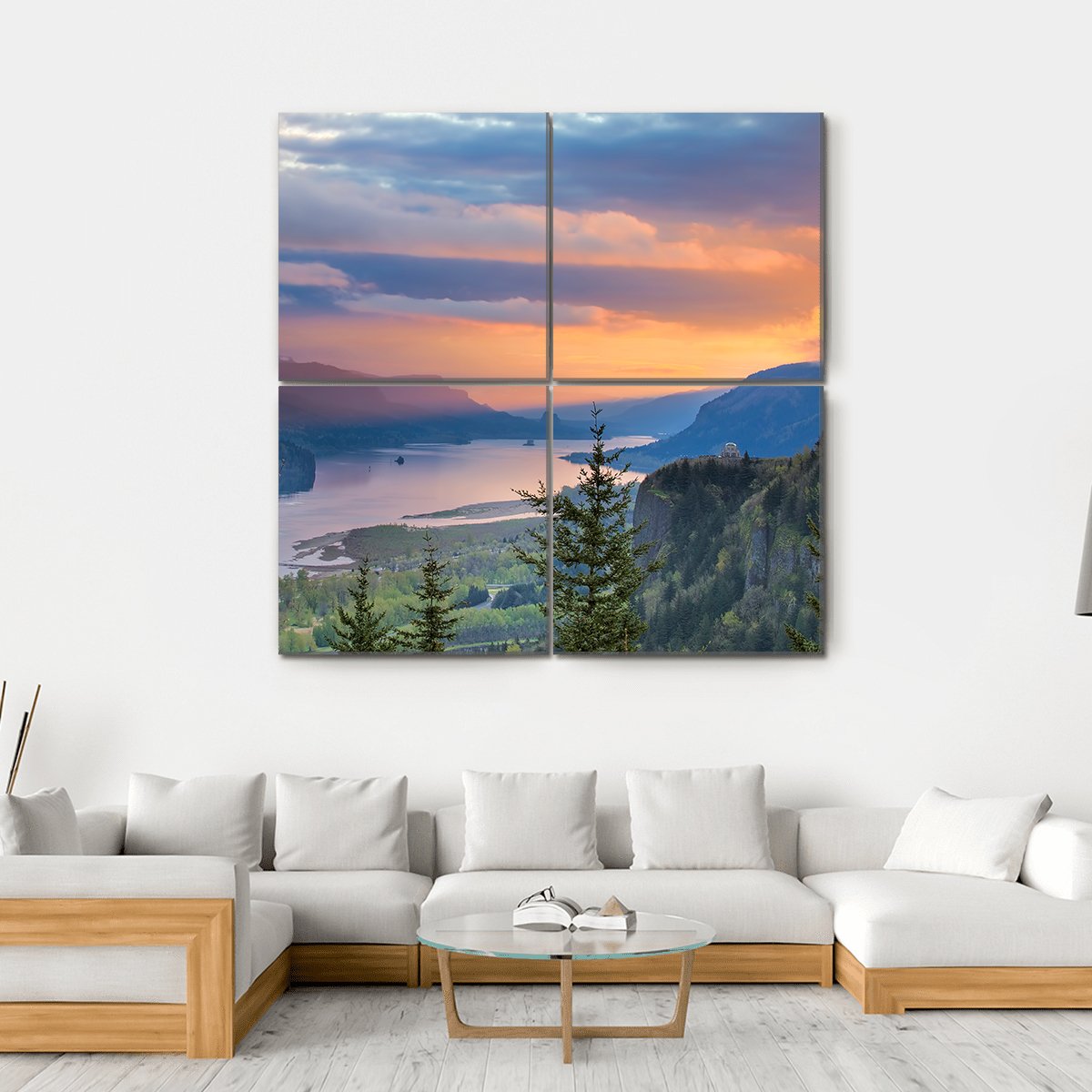 Sunrise Over Columbia River Canvas Wall Art in orange, yellow and blue, hung on a wall