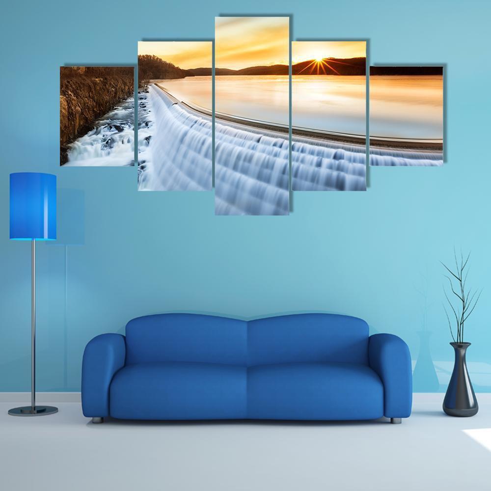 Sunrise Over Croton Dam Canvas Wall Art-5 Star-Gallery Wrap-62" x 32"-Tiaracle