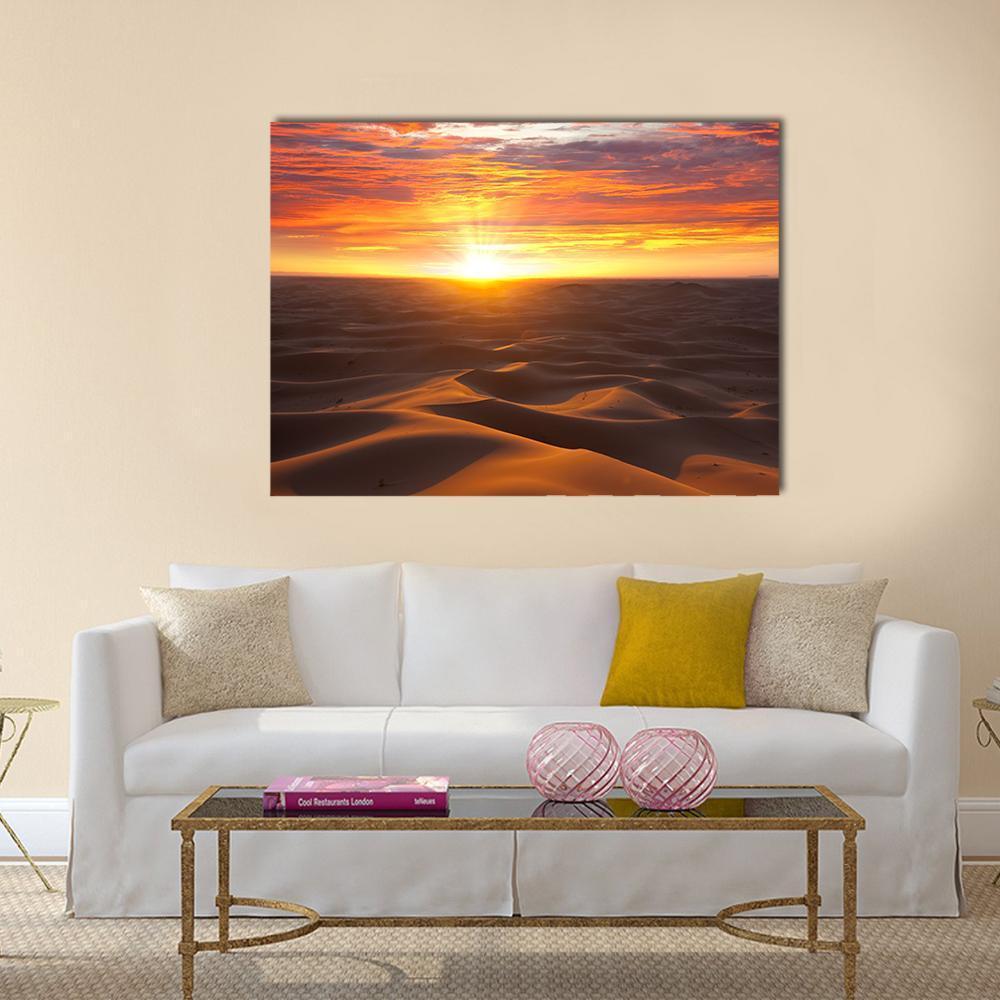 Desert Sunset with Layered Dunes Canvas Wall Art in brown, orange and yellow, single panel hung on a wall