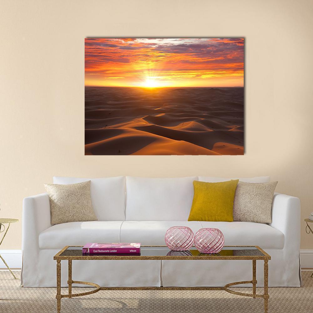 Desert Dunes at Sunset Canvas Wall Art in brown, orange and yellow, single panel hung on a wall