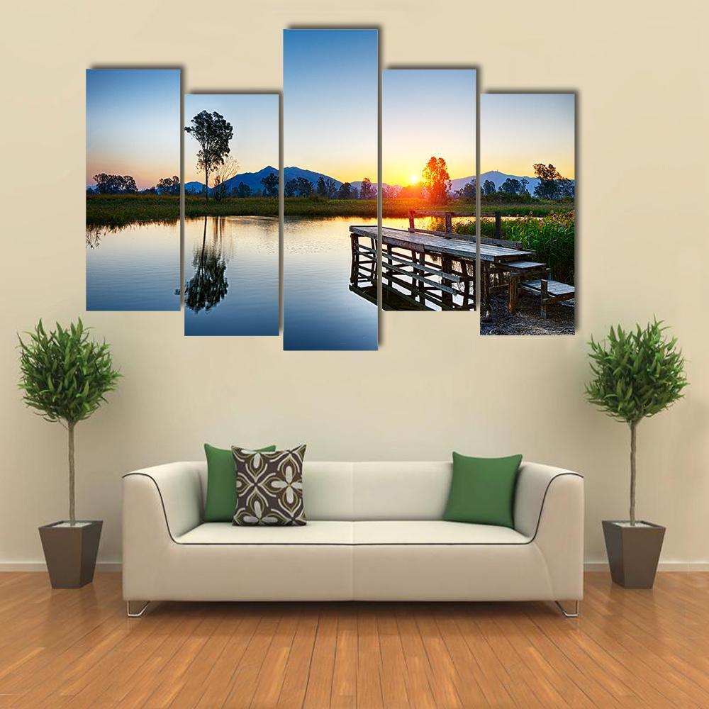 Sunrise Over Fishing Jetty Canvas Wall Art-5 Pop-Gallery Wrap-47" x 32"-Tiaracle