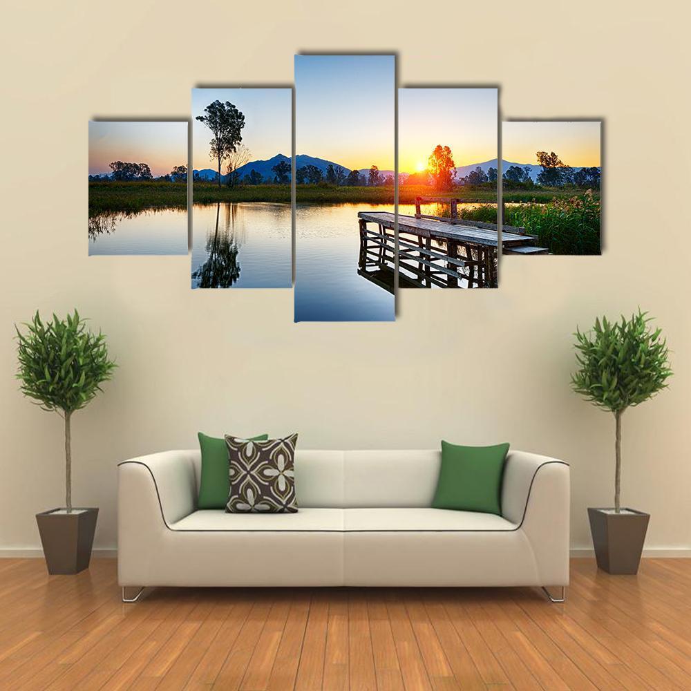 Sunrise Over Fishing Jetty Canvas Wall Art-5 Star-Gallery Wrap-62" x 32"-Tiaracle