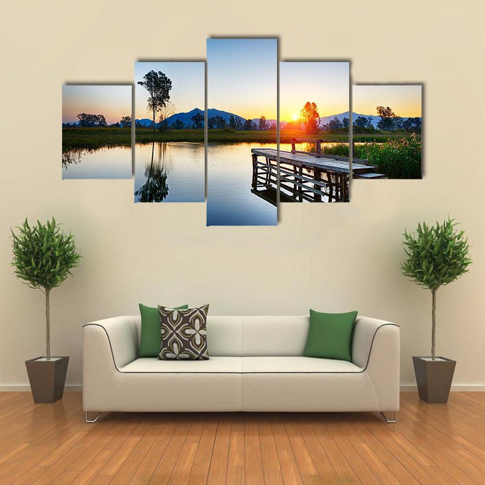 Sunrise Over Fishing Jetty Canvas Wall Art-3 Horizontal-Gallery Wrap-37" x 24"-Tiaracle